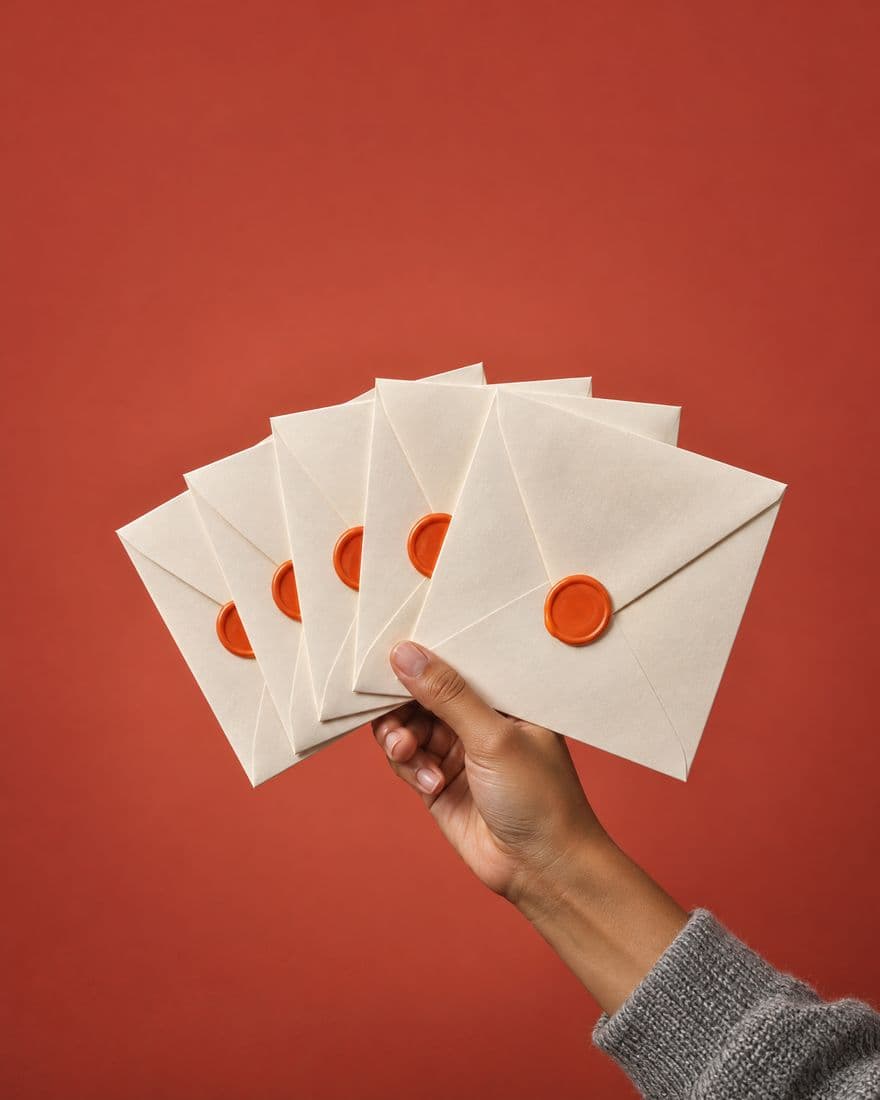 A hand holding a fan of sealed envelopes