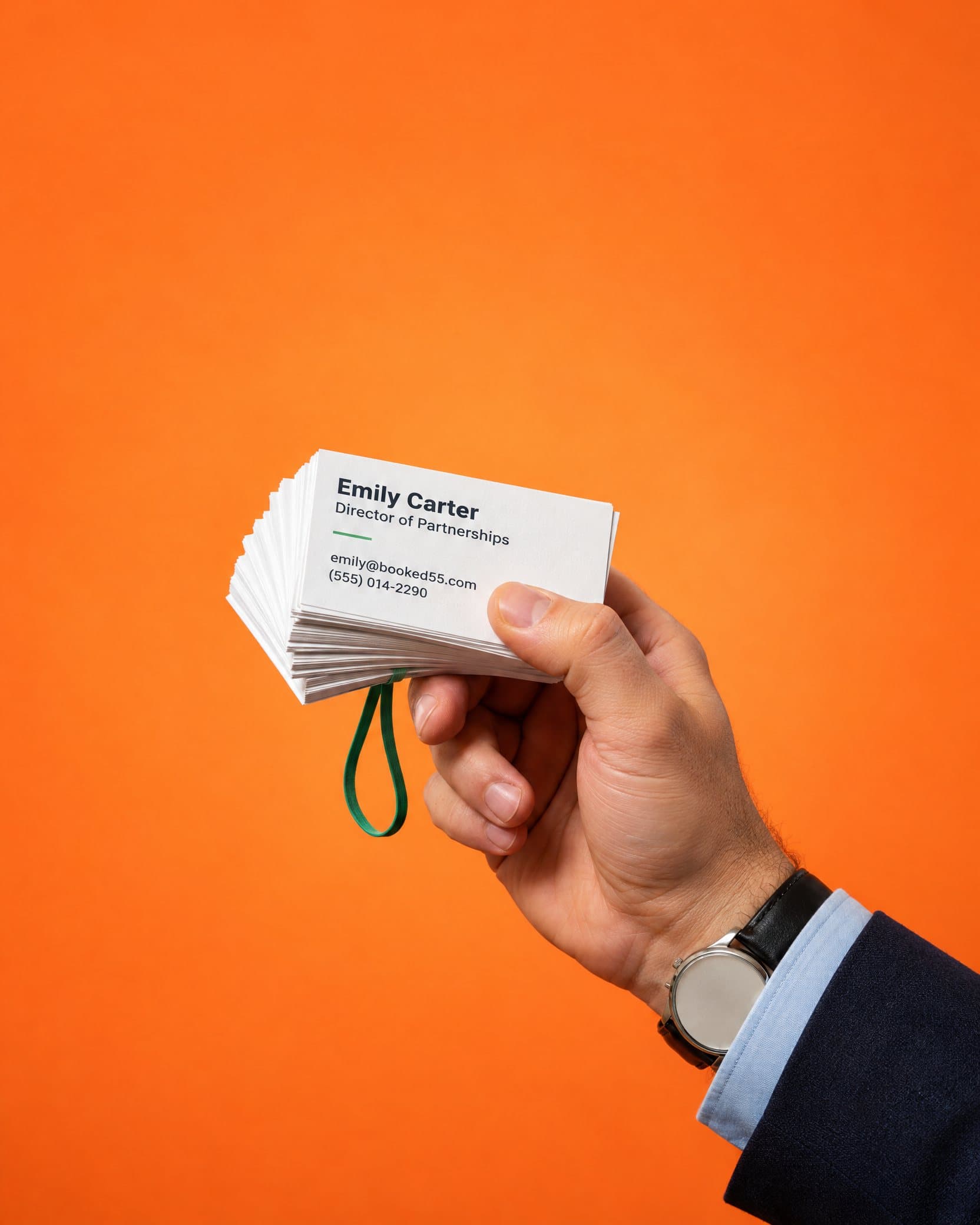 A hand holding a stack of business cards. The top one is Emily Carter's.