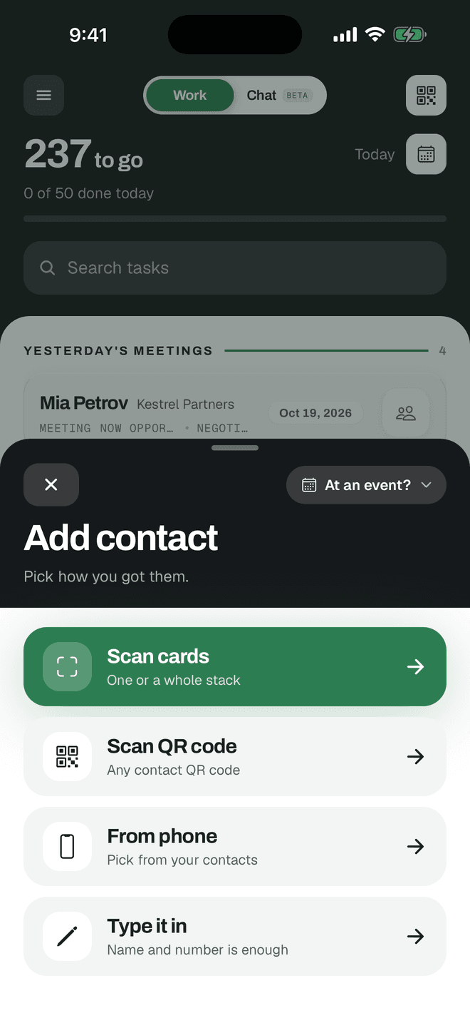 The Booked55 phone app's Add contact screen: Scan cards, Scan QR code, From phone, or Type it in