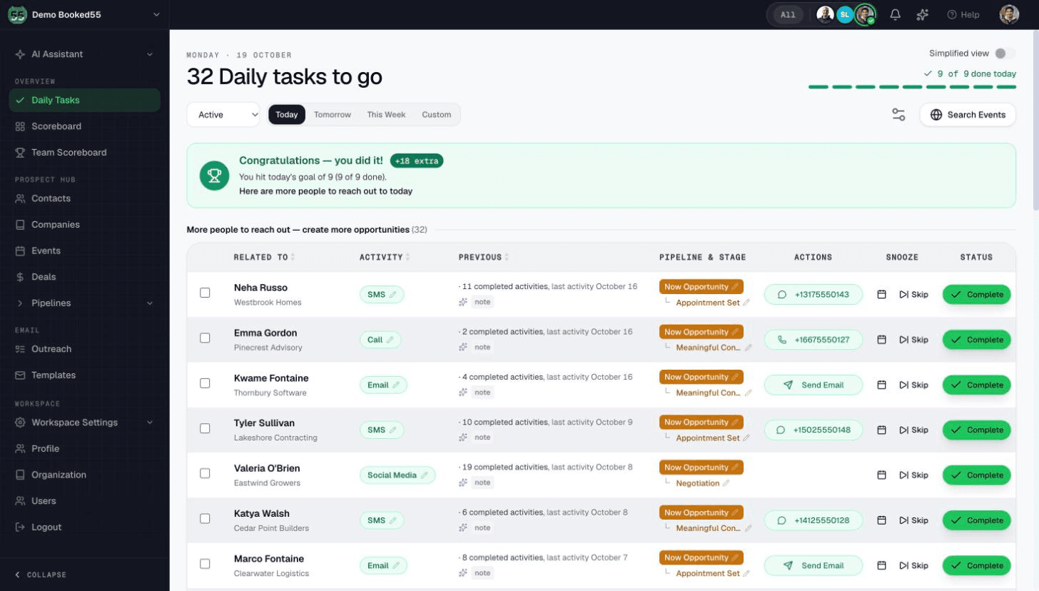 The Booked55 web app on a computer, showing the day's tasks
