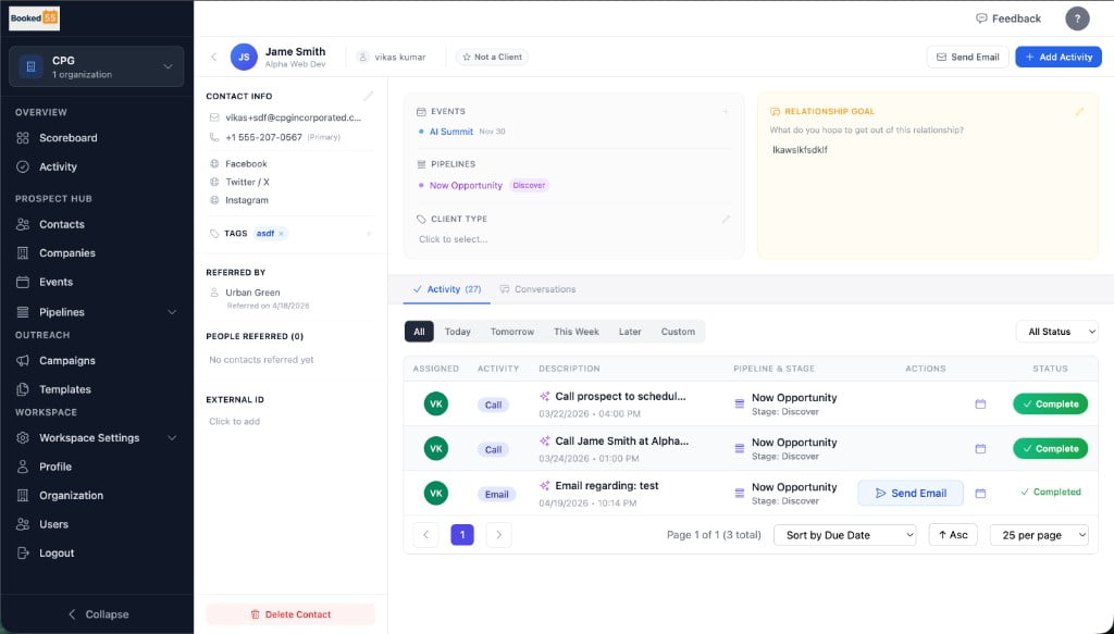 Contact detail page showing activity history, pipeline stage, events, and relationship goal