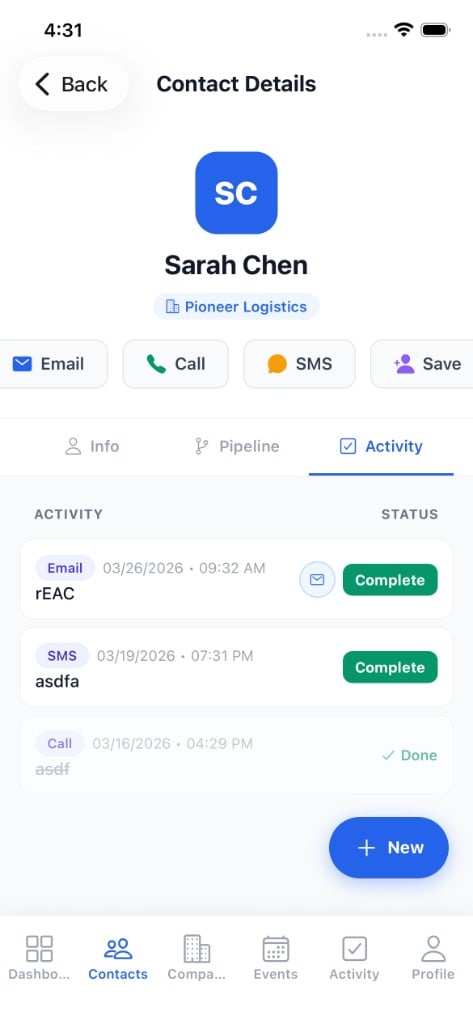 Booked55 mobile app showing a contact's activity and pipeline stage
