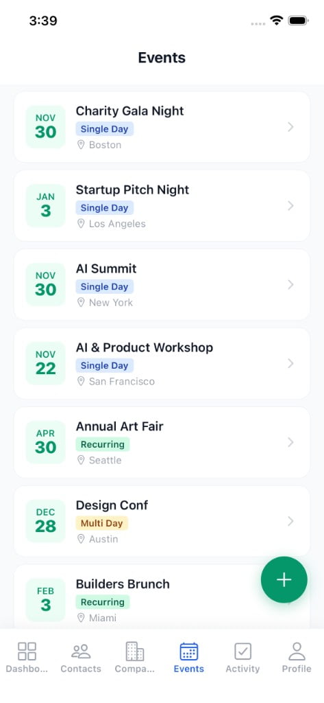 Events list on mobile
