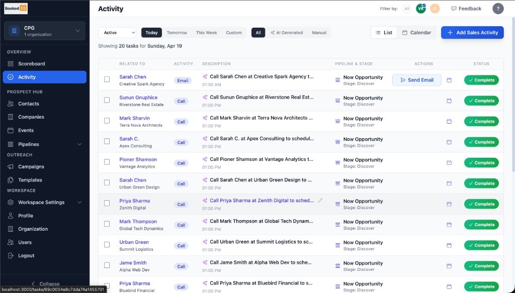 Booked55 daily task list surfacing contacts that have gone quiet